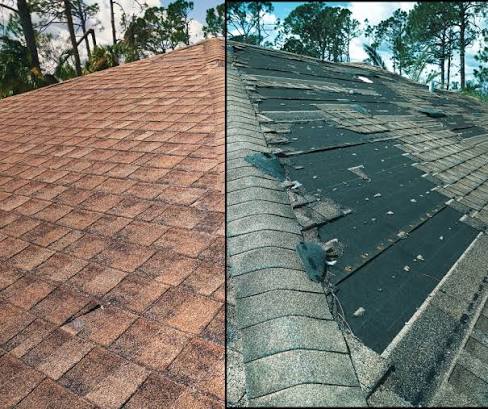residential roof before and after significant storm damage, illustrating missing asphalt shingles and exposed underlayment.